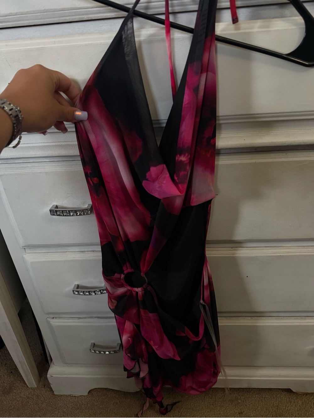 Floral Faux-Wrap Pink and Black Sleeveless Dress